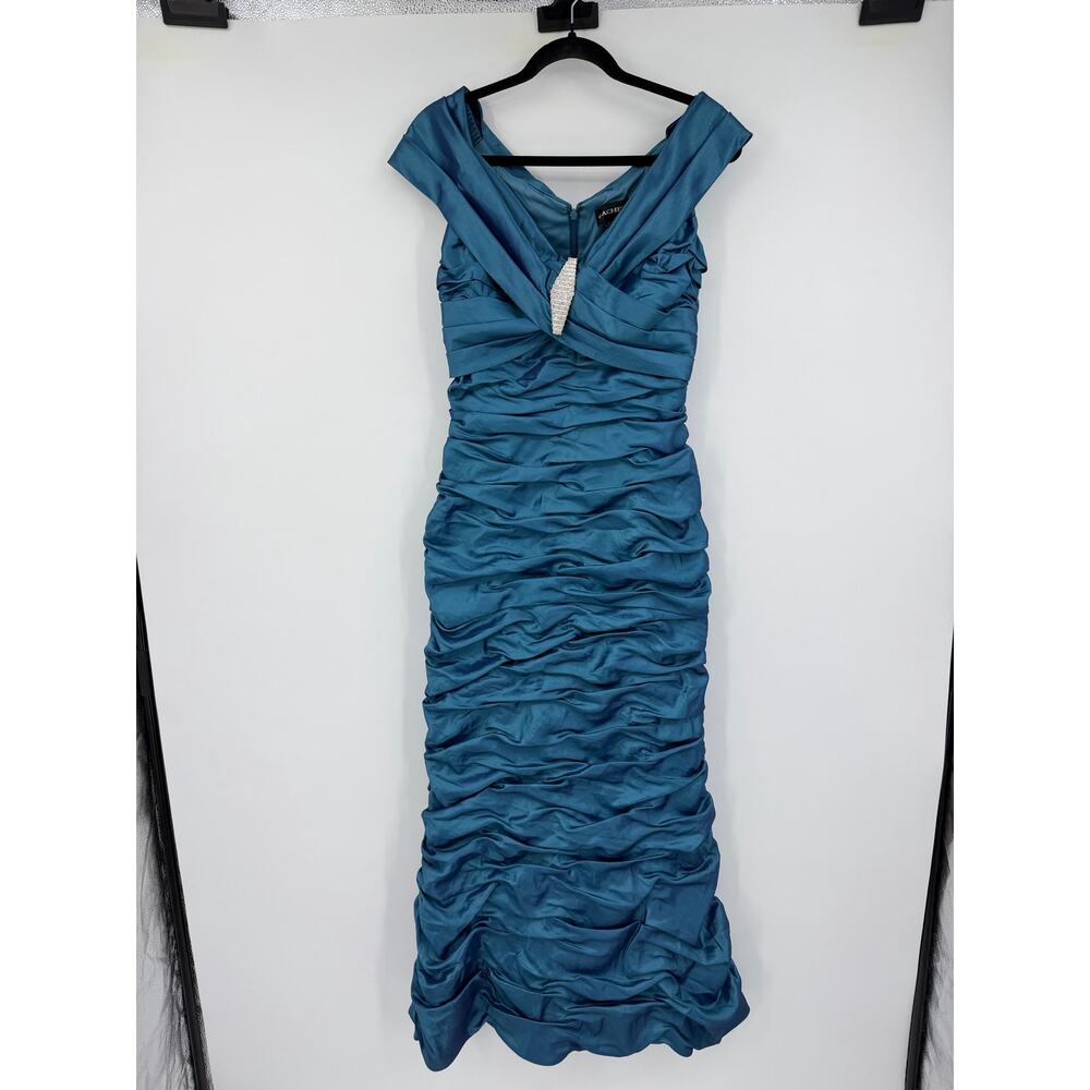 Vintage Cachet Maxi Rushed Dress Size 8 Petite Gown Teal Blue Prom Formal Y2K - Picture 2 of 12
